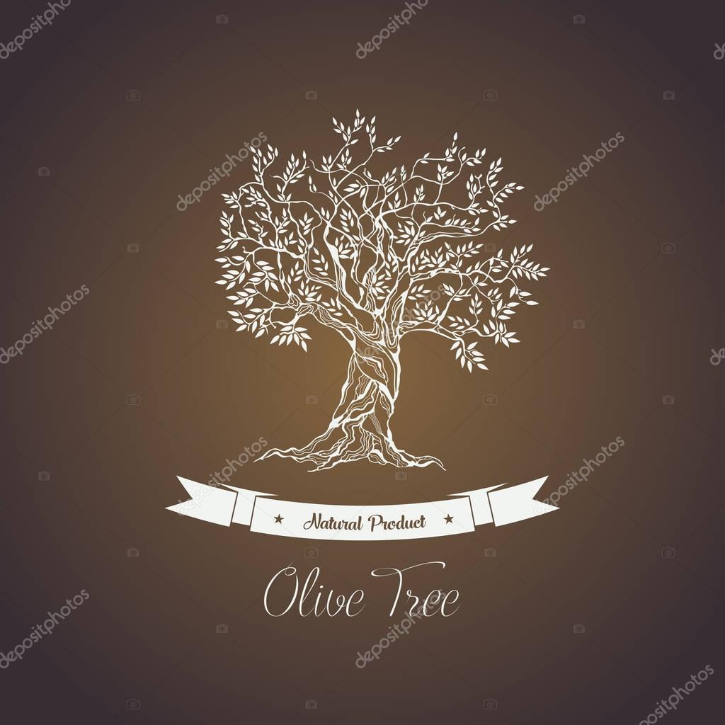 Greece olive tree logo with branches, vegetarian food. Olive grove banner or badge, olive oil sticker for bottle. May be used for vintage greek olive tree emblem, sign, liquid of olive tree ingredient