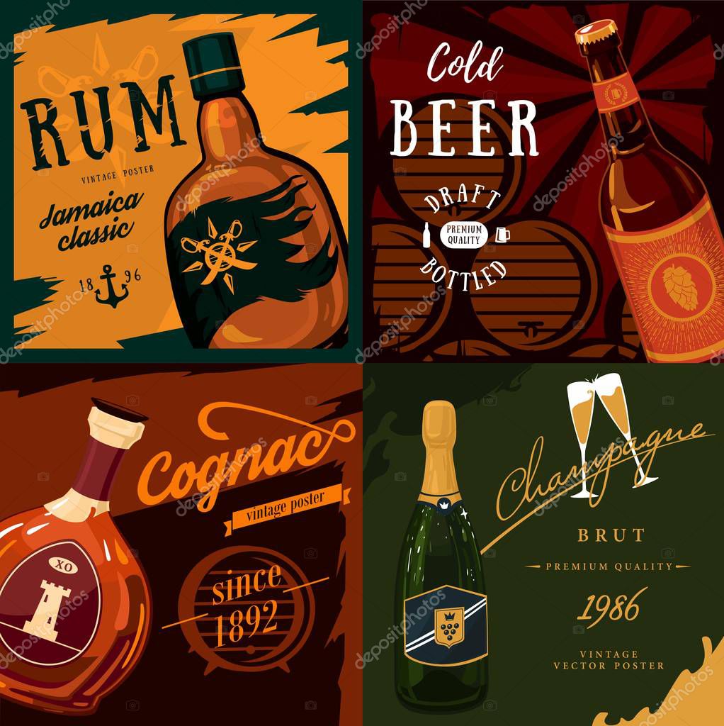 Alcohol bottles poster advertisement. Beer and champagne, cognac bottle and rum. May be used for pub banner and alcohol poster, bar placard, alcohol label and drinks theme