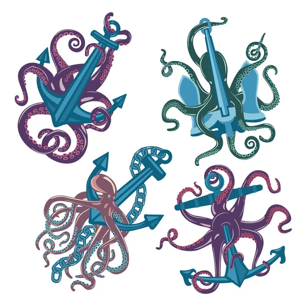 Çizgi film mavi ahtapot çapa ile kümesi