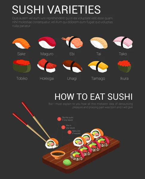 Variedad japonesa de sushi y palillos — Vector de stock