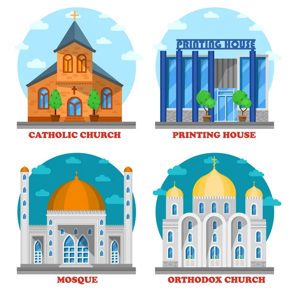 Набір церковних будівель і фасадів друкарні . — стоковий вектор