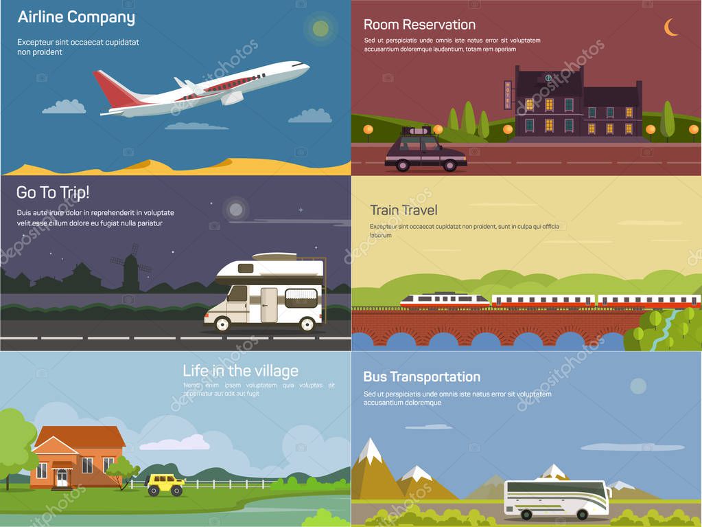 Traveling by airplane and car, train and bus. May be used for travel agency logo, hotel banner or hostel booking theme, transportation or traveling trip, tourism and lodging, delivery theme