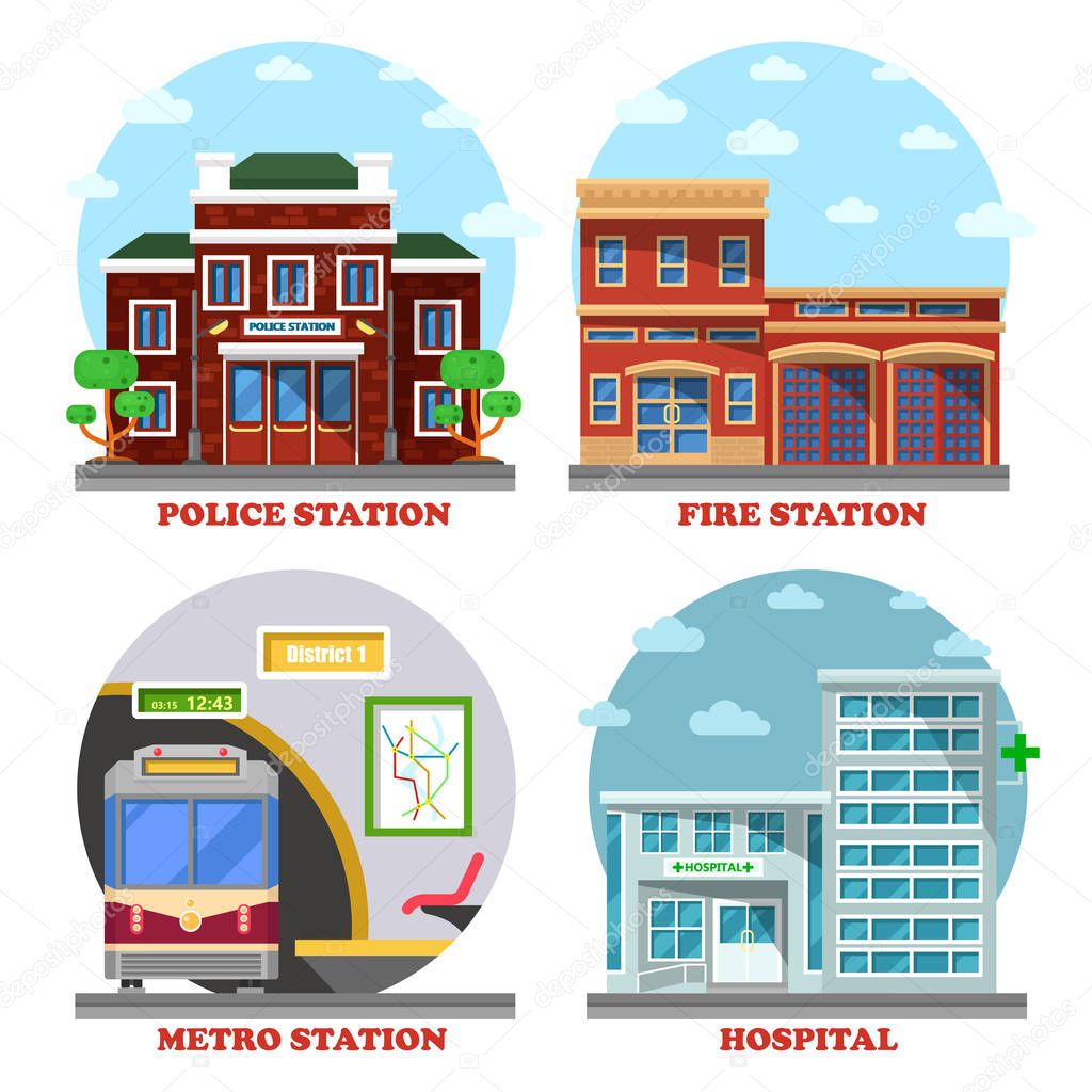 Fire station and hospital building, metro and police station. Architecture of building facades for train station and police department, fire station and hospital or clinic. Exterior view on building