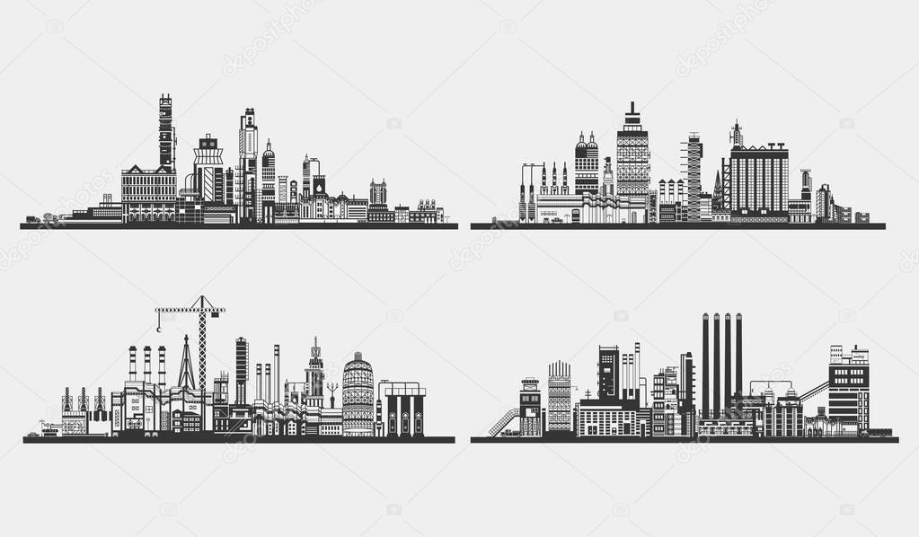 Industrial plant or building, factory exterior view. Silhouette of assembly or manufacture line, power plant. Industrial architecture design, chemical plant or industry structure, factory, plant logo