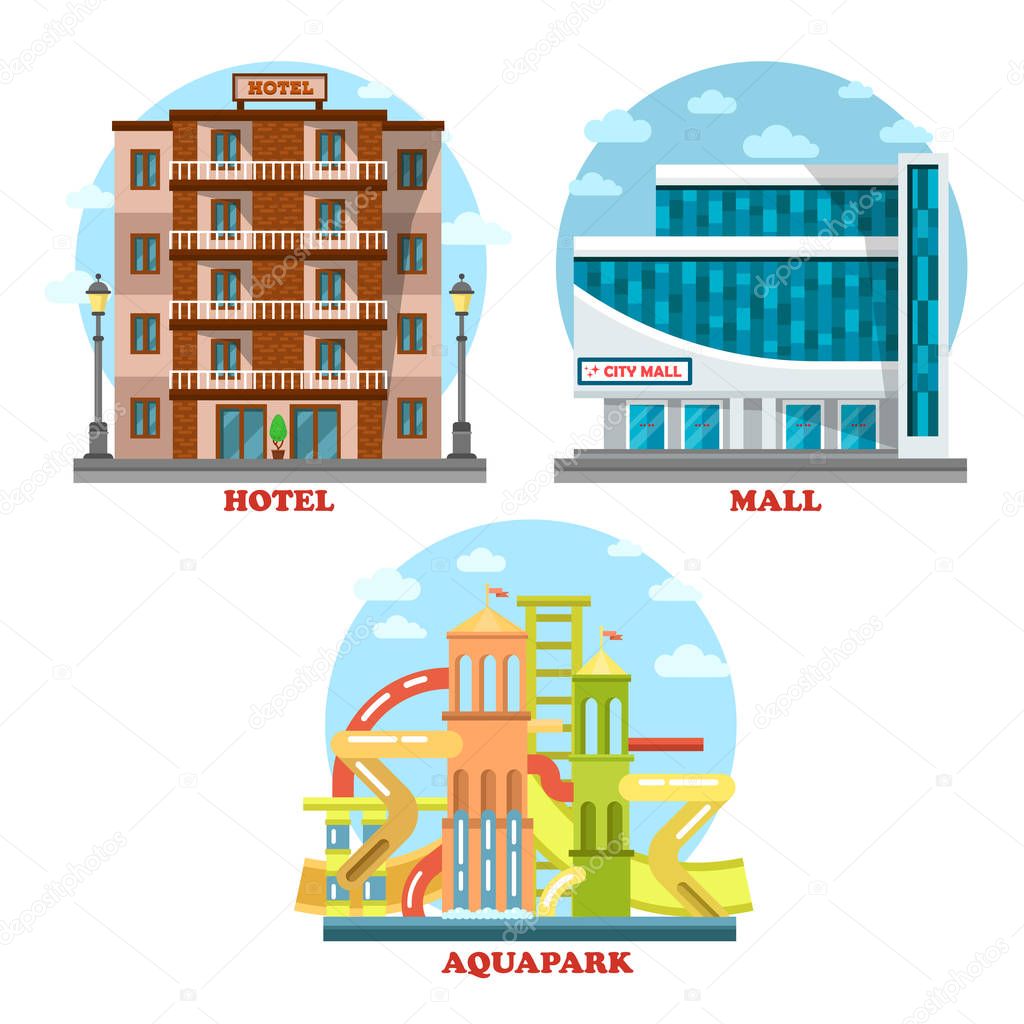 Hotel and aqua or water park, mall or supermarket exterior architecture view. House for travel, tourism, waterpark leisure,summer vacation building. For hotel or motel banner, water park building logo