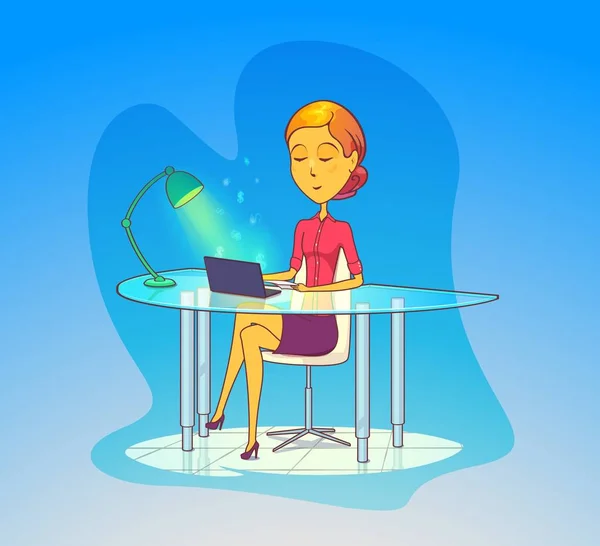 Vrouw die werkt op kantoor, secretaris met laptop — Stockvector