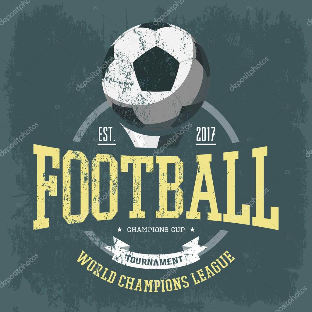 Soccer logo or football team emblem for t-shirt. Football world championship banner, professional soccer tournament logo. Soccer sportswear or football team branding, sport club or center advertising