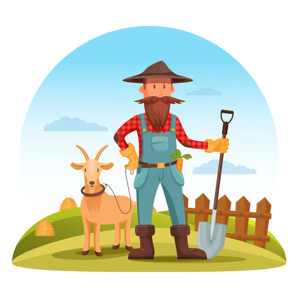 Campesino con pala y cabra en el campo — Vector de stock