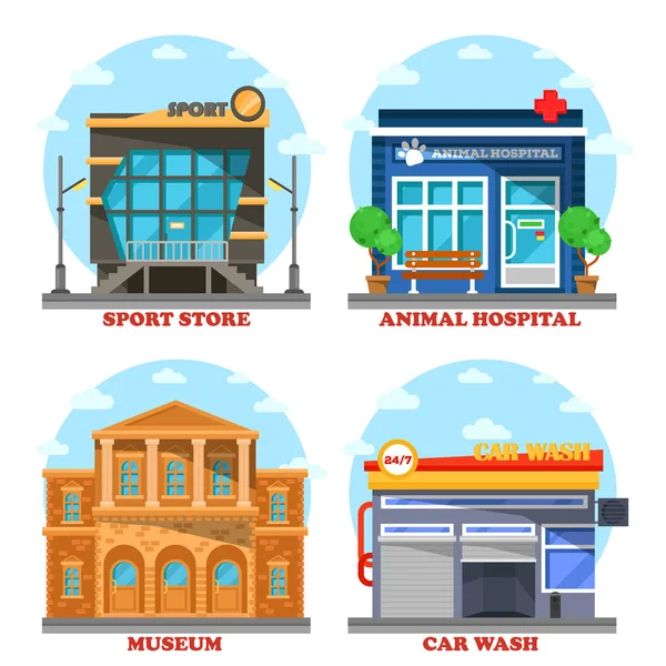 Car wash and veterinary shop, sportswear store — Stock Vector