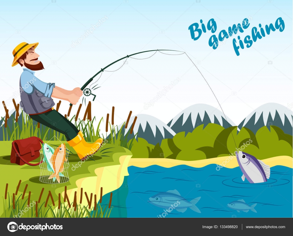 Fisherman fishing at lake with rod and catching fish. Stock Vector by
