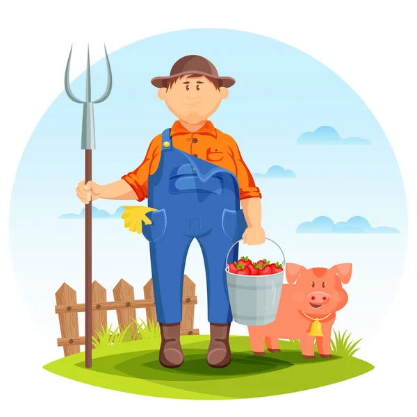 Campesino en campo de cultivo con cerdo y horquilla . — Vector de stock