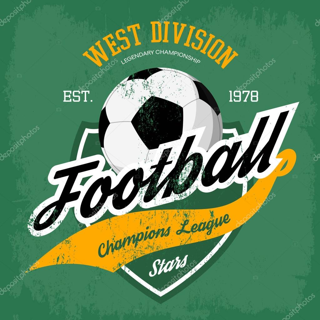 Ball for soccer or football game badge. Sport t-shirt logo or sportswear emblem, soccer cloth advertising and man fashion soccer banner.