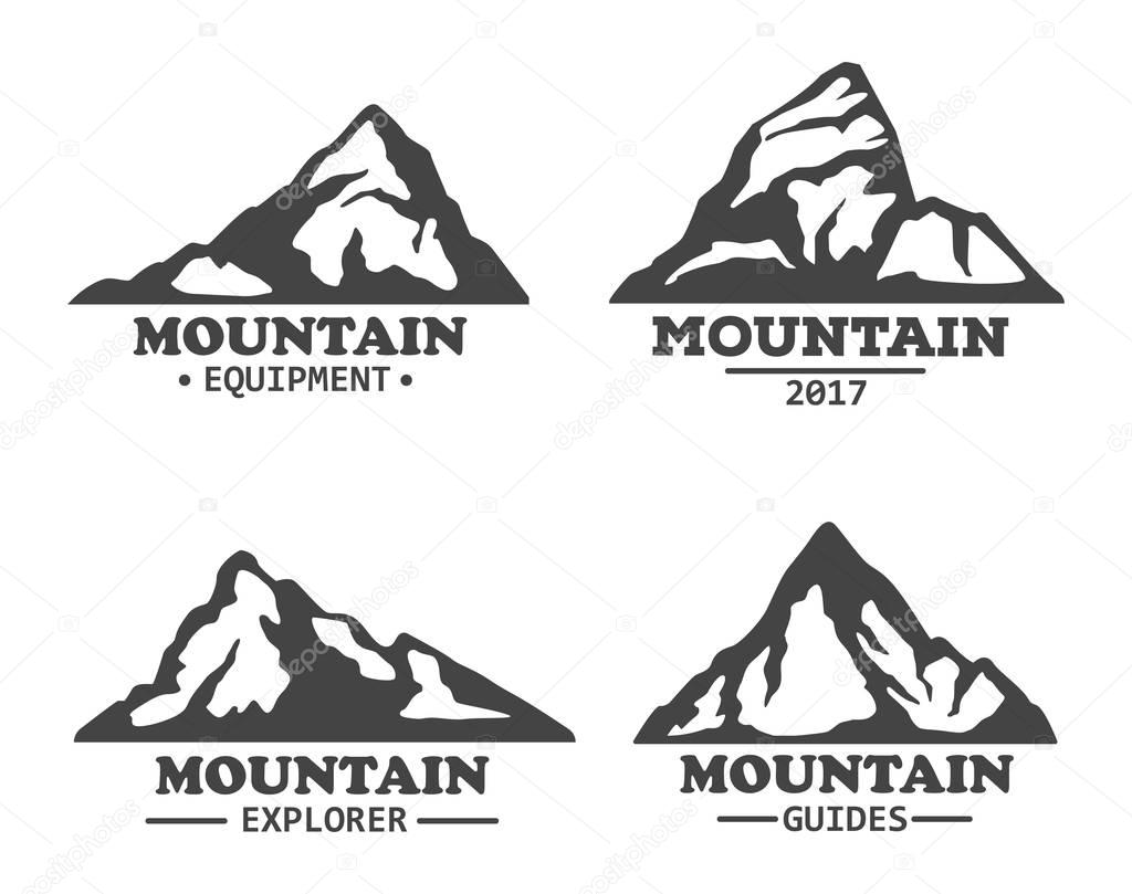 Isolated mountains logo or signs. Winter rocky hills with snowy peaks silhouette, alpine mountain icon or logo. Good for travel agency or journey, mountain expedition or sport hiker club, camping