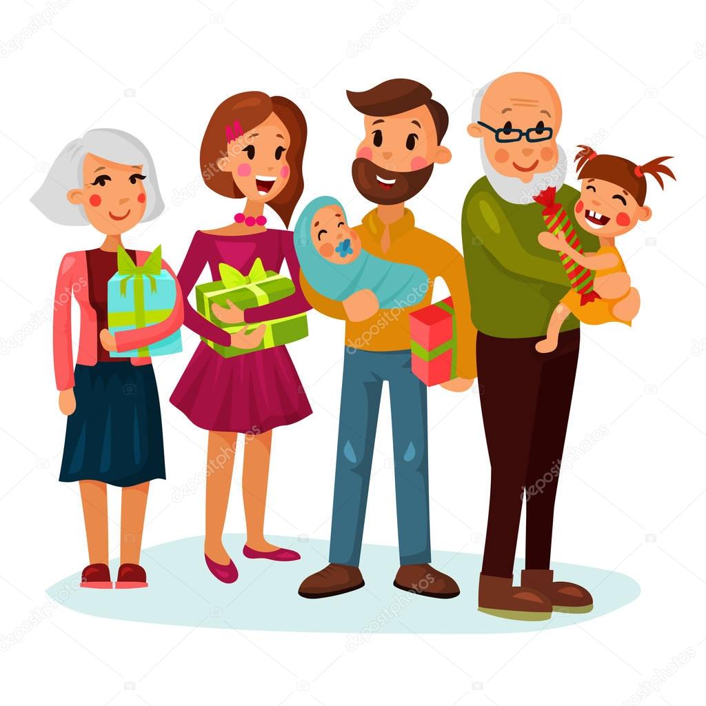 Celebrating family with gifts or presents. Happy holiday with dad or father smiling and holding baby or infant, mother with gift and family grandpa and grandma with child. Cartoon family festive theme