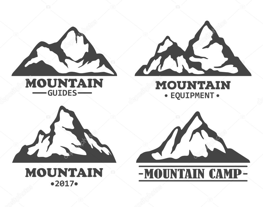 Exploration mountains with rocky peaks. Winter hills silhouette for tourism expedition travel, mountain isolated icons. For journey or travel agency, exploration hiker club, mountain climbing logo