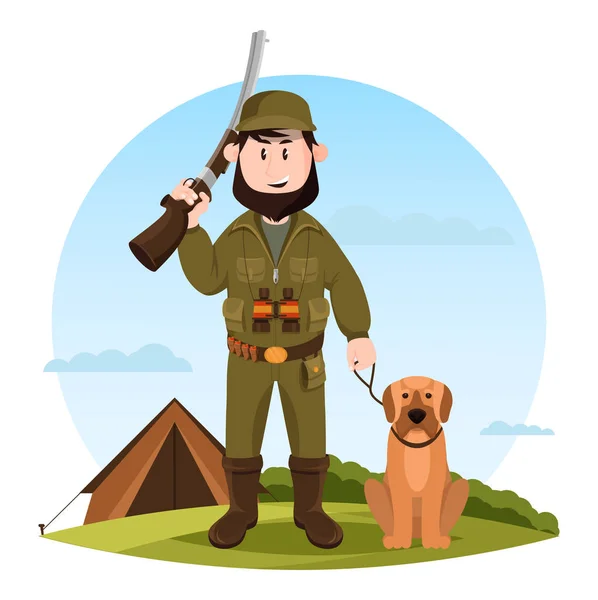 Caçador de desenhos animados com rifle e cão de caça —  Vetores de Stock
