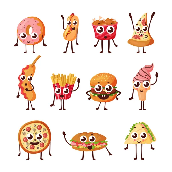 Logo de dibujos animados, iconos de personajes de comida rápida — Vector de stock