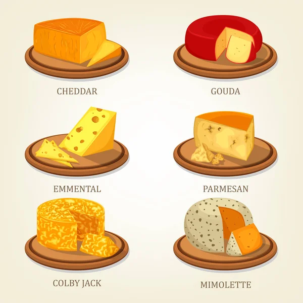 Φέτες γαλλικά και Ελβετικά τυριά εικόνες τροφίμων — Διανυσματικό Αρχείο