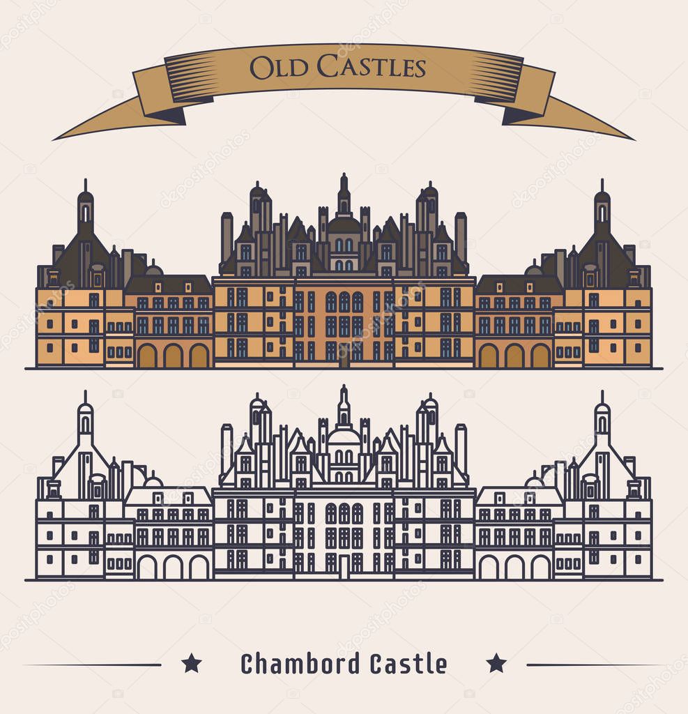 French Chateau Chambord castle building. Architecture or medieval palace at France, old fortress or retro mansion exterior view. Baroque heraldic monument and historical book logo, citadel banner