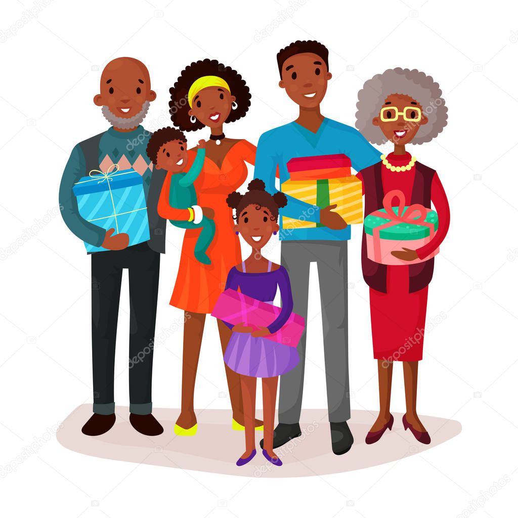 Afro american family with gifts and presents. Couple celebration with father and mother, beard grandfather and grandmother, kids or children, cake with candle. Parenting and festive, holiday theme