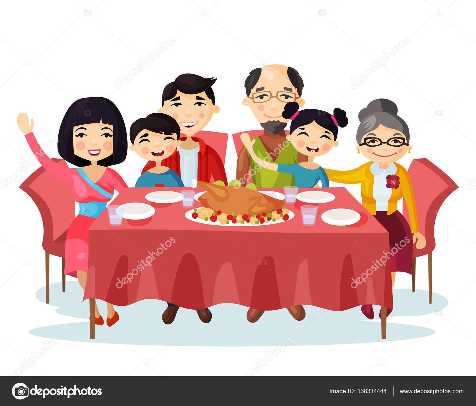 Cena Navideña con Turquía de familia dibujos animados — Vector de stock