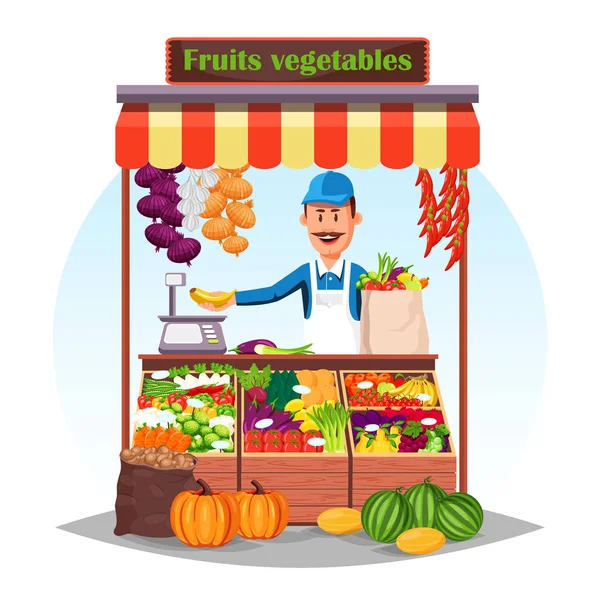 Contador de mercado o stand con frutas y verduras — Vector de stock