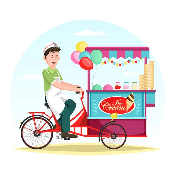 Ice cream wagon or trolley with vendor man — Stock Vector