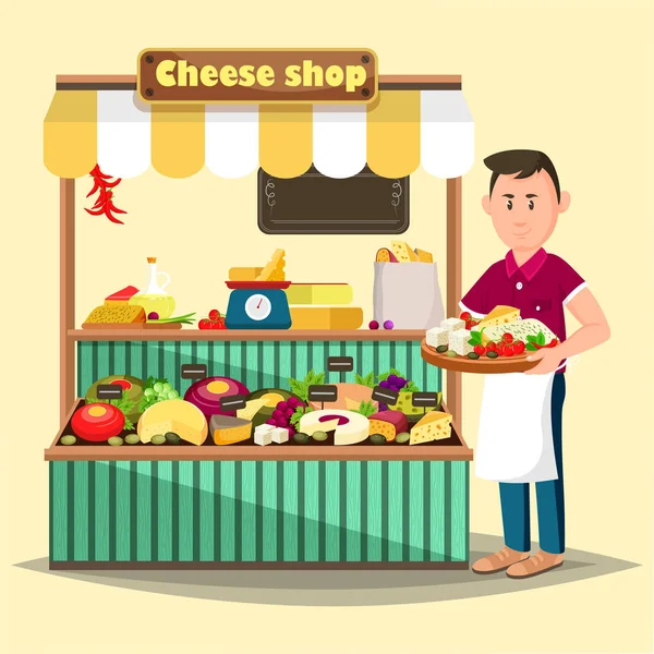 Showcase with man selling cheese products — Stock Vector