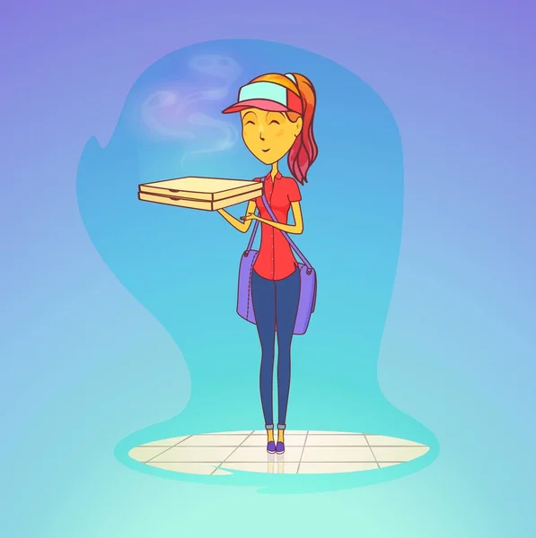 Meisje of vrouw werknemer met pizza in haar handen — Stockvector