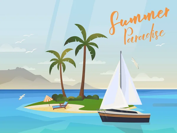 Ocean ö med palmer och yacht eller fartyg — Stock vektor