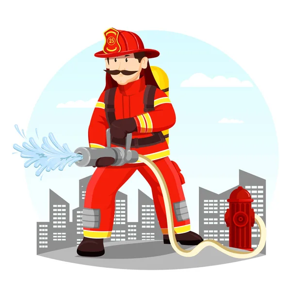 Bombero en agua de pulverización uniforme con manguera — Vector de stock