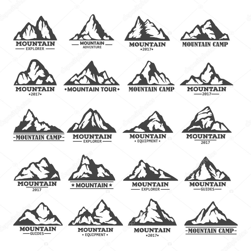 Set of isolated mountains with rocky peaks. Landscape of winter rocks or hills icons, nature peaks outdoor view. Travel agency logo, tourism, adventure and expedition, exploration hiker club, climbing
