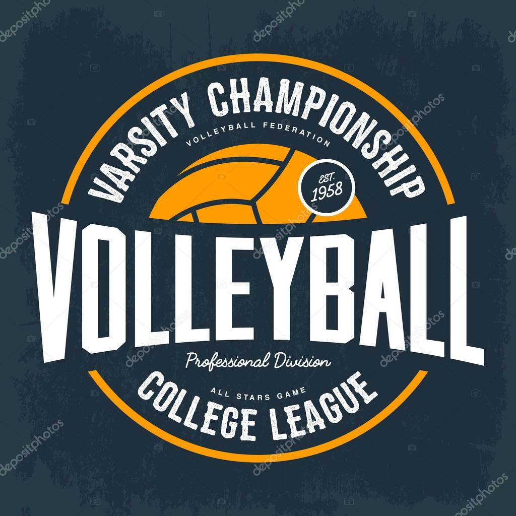 Volleyball ball as logo for college tournament. T-shirt or cloth print for varsity tournament, hand athletic sport, league division banner. Branding and clothing advertising, shirt gear for players