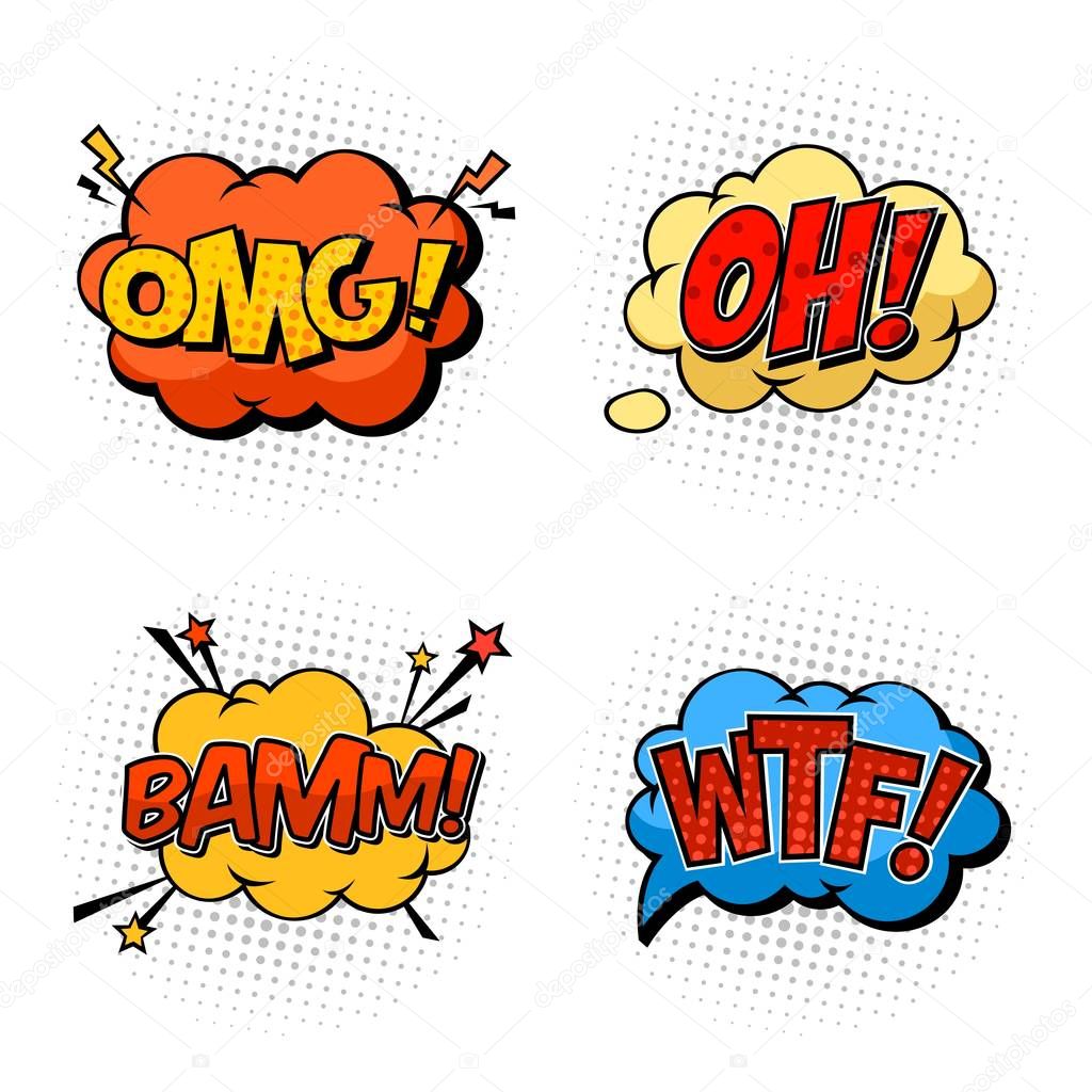 Onomatopeia soa omg e wtf, Ah e bam — Vetor de Stock © cookamoto #138319044