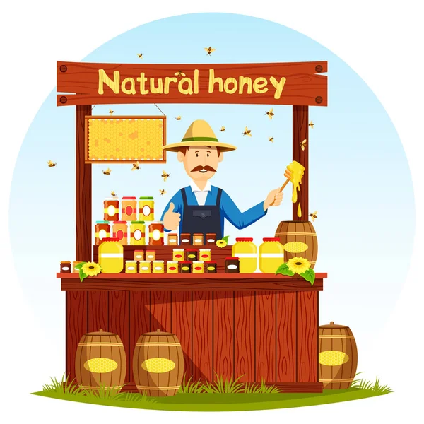 Agronom selling honey at market stall or showcase — Stock Vector