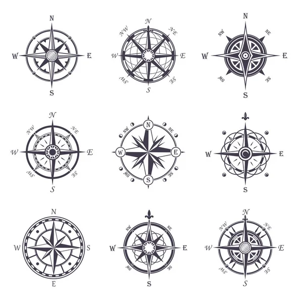 风玫瑰或旧，复古指南针纹章图标 — 图库矢量图片