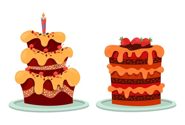 Νόστιμο κέικ με φράουλα και κερί, άχνη — Διανυσματικό Αρχείο