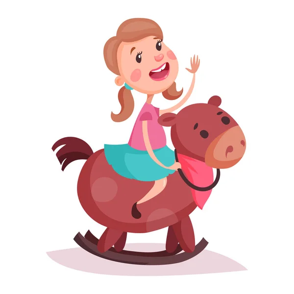 Dibujos animados niña en falda a caballo mecedora — Vector de stock