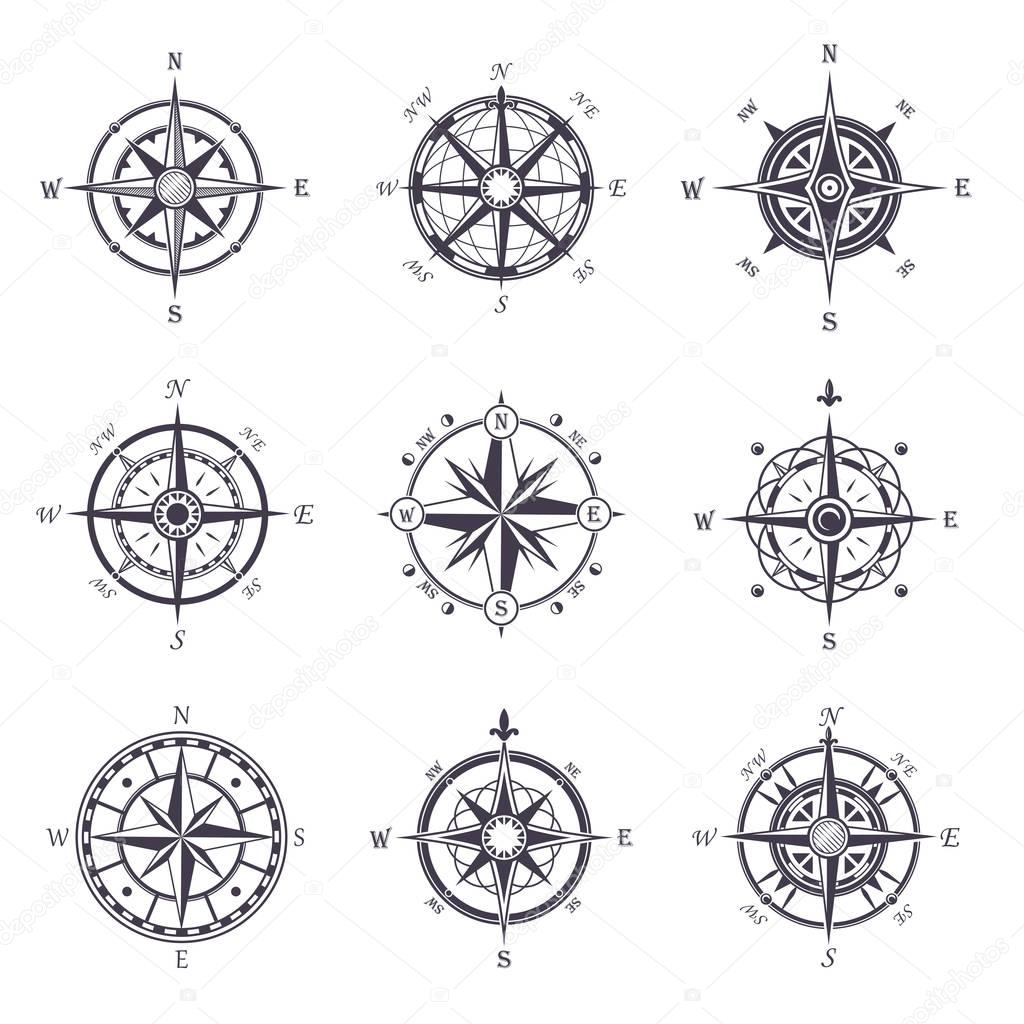 Wind rose or old, vintage compass heraldic icons