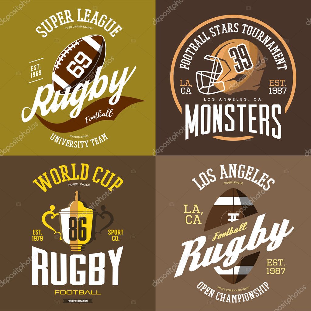 Set of american football or rugby badge with helmet or cap, face mask and oval ball, trophy or competition cup. Sportswear t-shirt print LA or Los Angeles cloth branding. Sport team or club sign