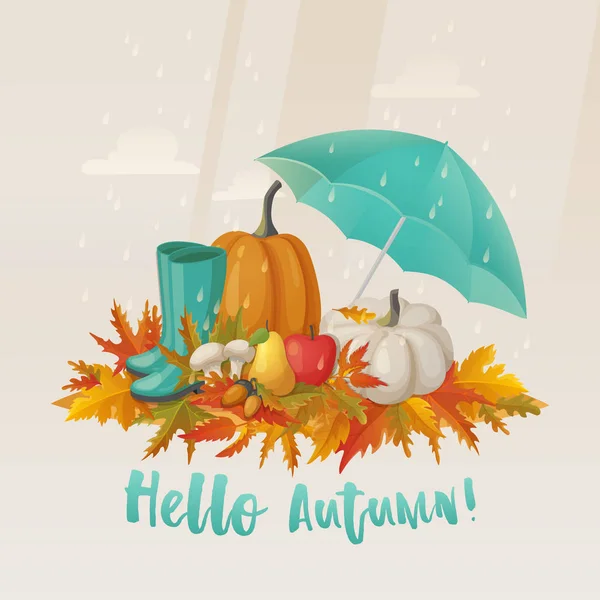 Ősszel vagy őszi levelek és alma, gomba — Stock Vector