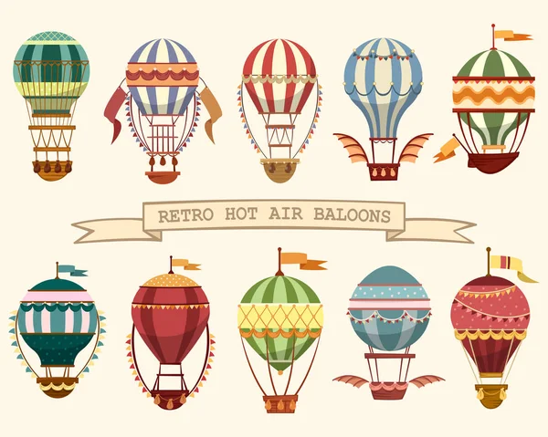Ikony vintage horkovzdušné balóny s příznaky — Stockový vektor