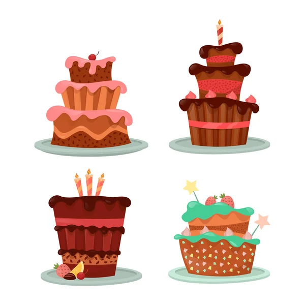 Gâteaux à la fraise et cerise, bougie et étoiles — Image vectorielle