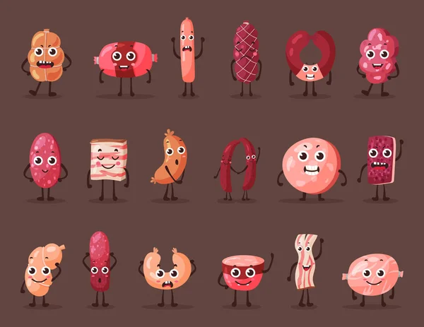 Salchichas y salchichas sonrientes personajes de carne — Archivo Imágenes Vectoriales