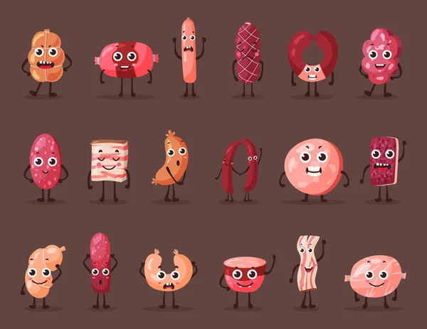 Sausage and wurst smiling meat characters — Stock Illustration Sausage and wurst smiling meat characters Royalty Free Stock Vectors