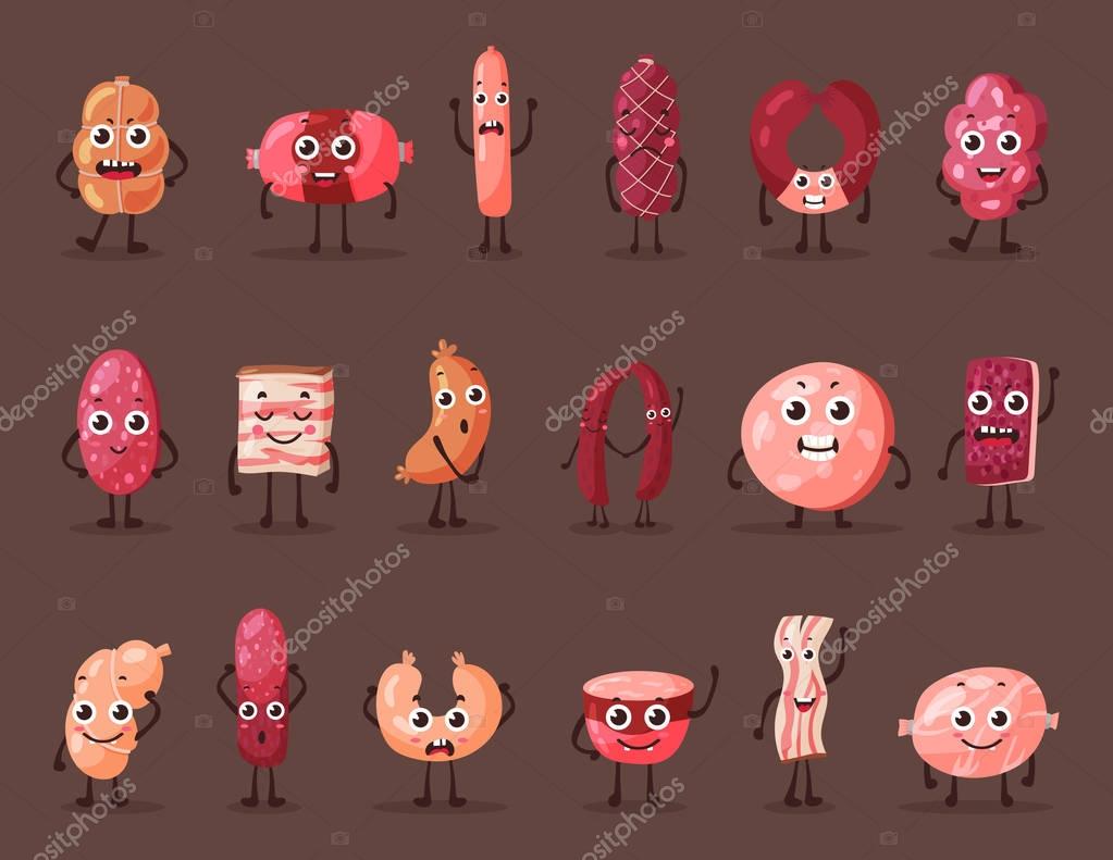 Meat cartoon characters. Food or gourmet logo made of frankfurter sausage or weenie, fat or lard, tallow or grease, sludge and kielbasa, wurst and beef, salami. Shop and steakhouse banner