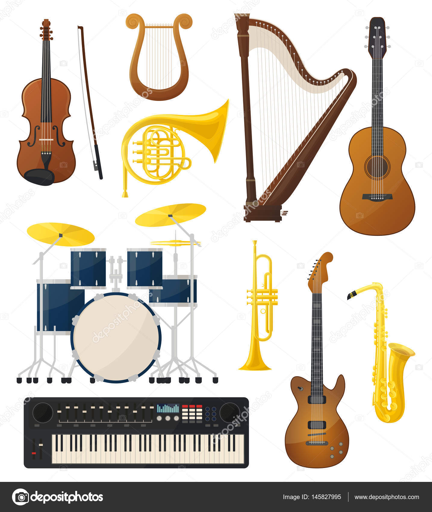 Guitare et batterie, violon, instruments de musique lyre Vecteur