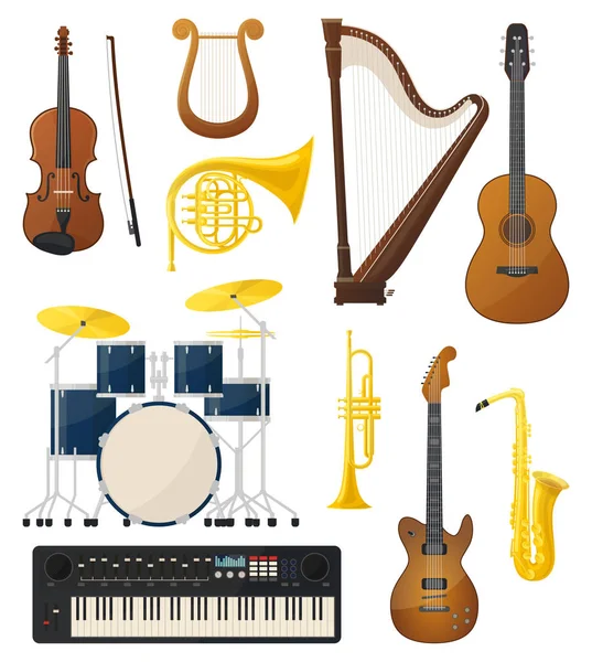 Guitarra y batería, violín, instrumentos de música lira — Vector de stock