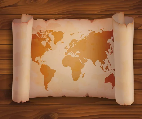 水平滚动纸，羊皮纸与世界地图 — 图库矢量图片