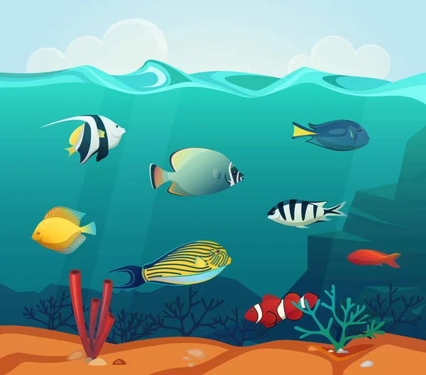 Peces de colores océanos con corales en el fondo — Vector de stock